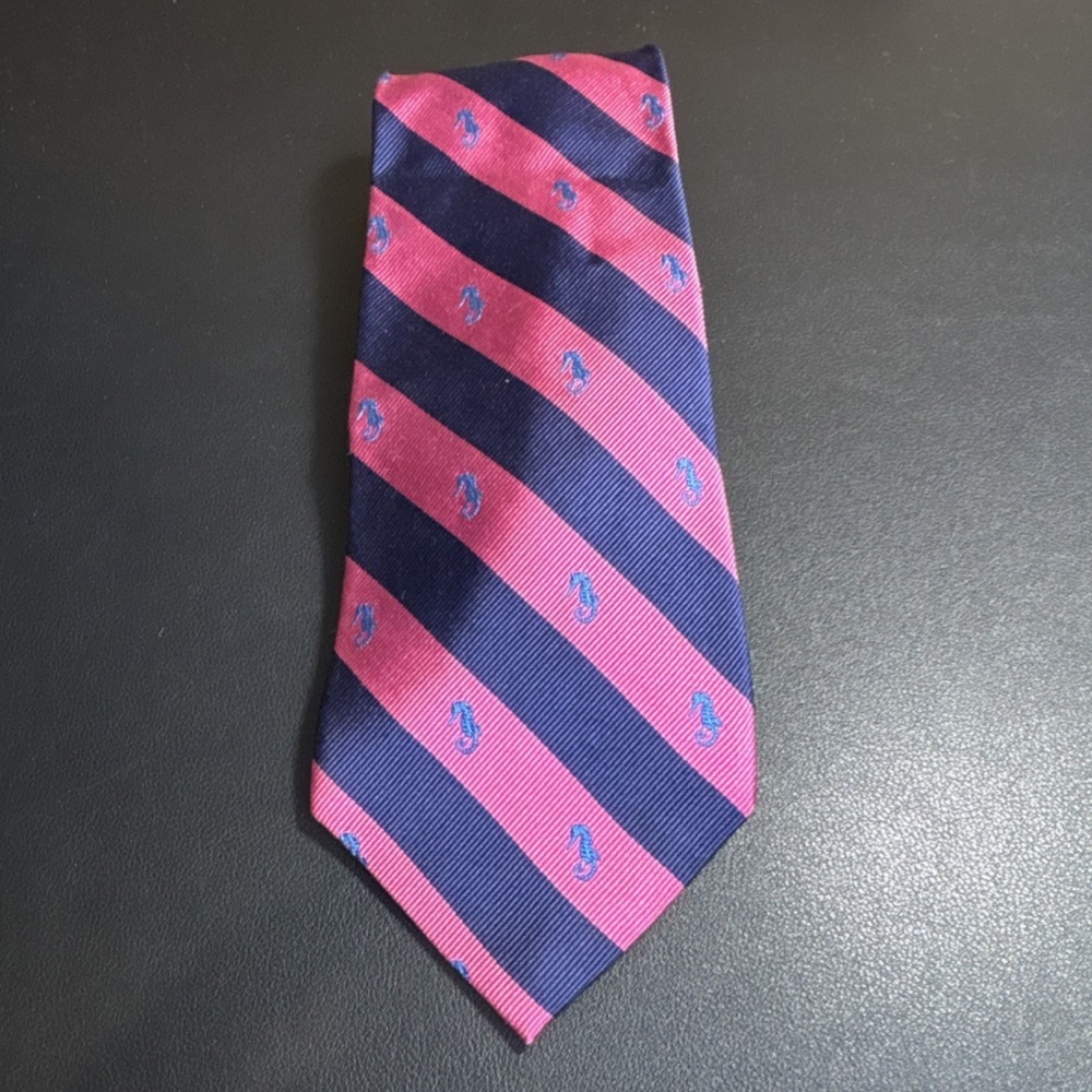 Lauren Ralph Lauren Men's Navy Pink Striped Seahorse Silk Tie Handmade Classic